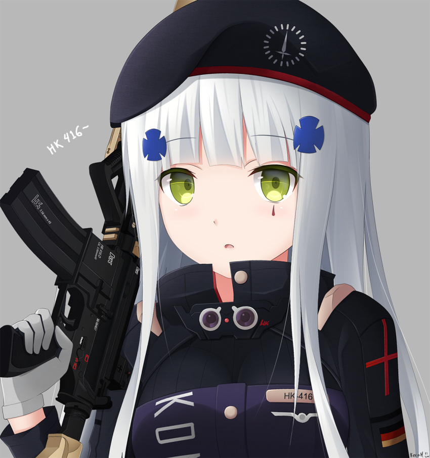 1girl assault_rifle beret breasts character_name facepaint german_flag girls_frontline gloves green_eyes gun hair_ornament hat heckler_&amp;_koch highres hk416 hk416_(girls_frontline) holding holding_gun holding_weapon iron_cross keenh long_hair looking_at_viewer medium_breasts military_jacket open_mouth rifle silver_hair simple_background solo upper_body weapon