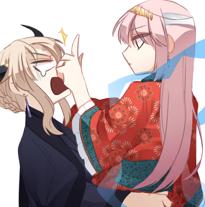 2girls artoria_pendragon_(all) artoria_pendragon_(lancer_alter) blonde_hair chinese_clothes commentary_request divine_princess_of_the_storm earrings fate/grand_order fate_(series) flick florence_nightingale_(fate/grand_order) from_side hanfu highres hochikass horns hug jewelry korean_commentary long_hair looking_at_another multiple_girls open_mouth ox-demon_king pink_hair red_eyes shawl tearing_up white_background wide_sleeves