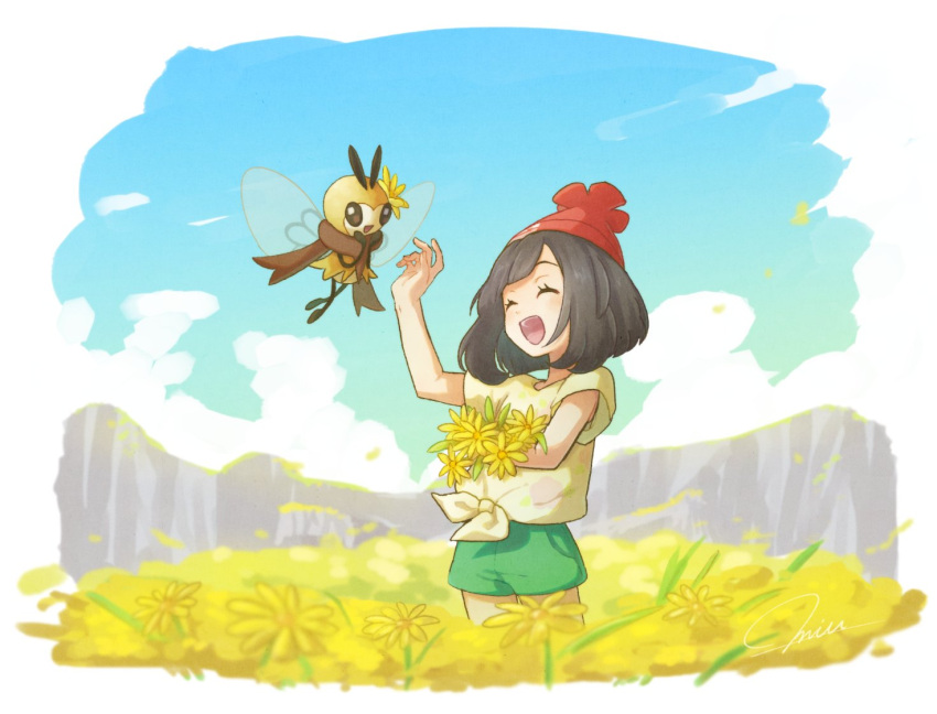 1girl beanie black_hair closed_eyes day field flower flower_field gen_7_pokemon green_shorts hat miu_(miuuu_721) mizuki_(pokemon_sm) open_mouth petals pokemon pokemon_(creature) pokemon_(game) pokemon_sm red_hat ribombee shirt short_hair short_sleeves shorts sky tied_shirt