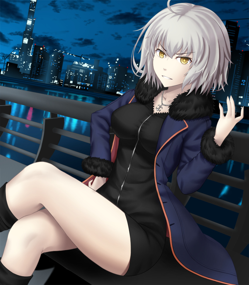 1girl ahoge black_dress black_footwear black_jacket blue_jacket boots breasts city cityscape coat collarbone dress fate/grand_order fate_(series) full-length_zipper fur-trimmed_coat fur-trimmed_jacket fur-trimmed_sleeves fur_collar fur_trim high_heel_boots high_heels highres jacket jeanne_d'arc_(alter)_(fate) jeanne_d'arc_(fate)_(all) jewelry knee_boots necklace nihn open_clothes open_coat open_jacket outdoors short_dress silver_hair skyline solo wicked_dragon_witch_ver._shinjuku_1999 yellow_eyes zipper