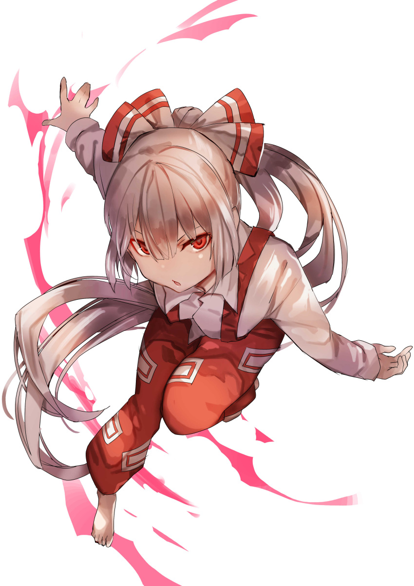 1girl absurdres amamitsu_kousuke barefoot bow collared_shirt fujiwara_no_mokou full_body hair_bow highres long_hair long_sleeves looking_at_viewer ofuda_on_clothes open_mouth pants ponytail red_eyes red_pants shirt silver_hair simple_background solo standing standing_on_one_leg suspenders touhou very_long_hair white_background white_shirt