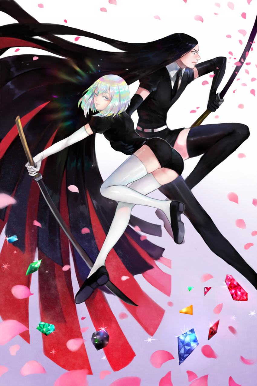 2others absurdres androgynous artist_request black_eyes black_hair bort colored_eyelashes crystal diamond_(houseki_no_kuni) elbow_gloves gem gem_uniform_(houseki_no_kuni) gloves highres houseki_no_kuni long_hair looking_at_viewer multicolored multicolored_eyes multicolored_hair necktie petals rainbow_eyes rainbow_hair short_hair smile sparkle sword thigh-highs very_long_hair weapon
