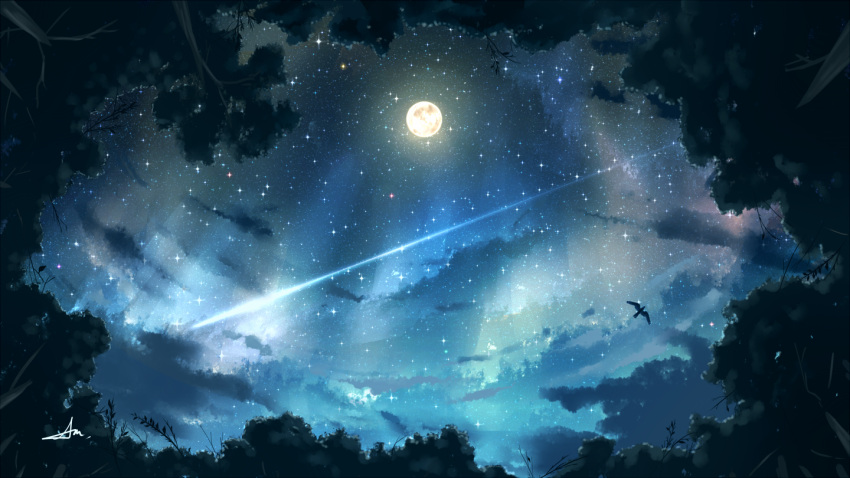 alu.m_(alpcmas) bird blue clouds dark forest moon moonlight nature night night_sky no_humans original scenery signature sky star_(sky) starry_sky