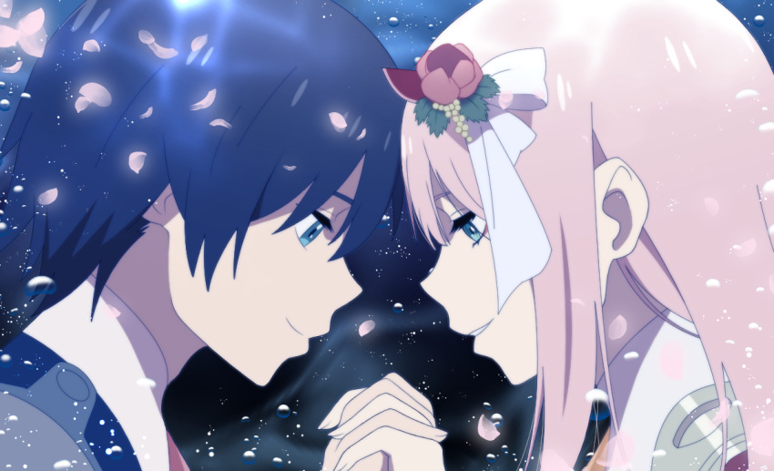 1boy 1girl blue_eyes blue_hair closed_mouth commentary_request couple darling_in_the_franxx eyeshadow fingernails flower from_side hair_flower hair_ornament hand_up hiro_(darling_in_the_franxx) holding_hand horns interlocked_fingers jacket long_hair maiko_(mimi) makeup parted_lips petals pink_hair profile smile uniform zero_two_(darling_in_the_franxx)