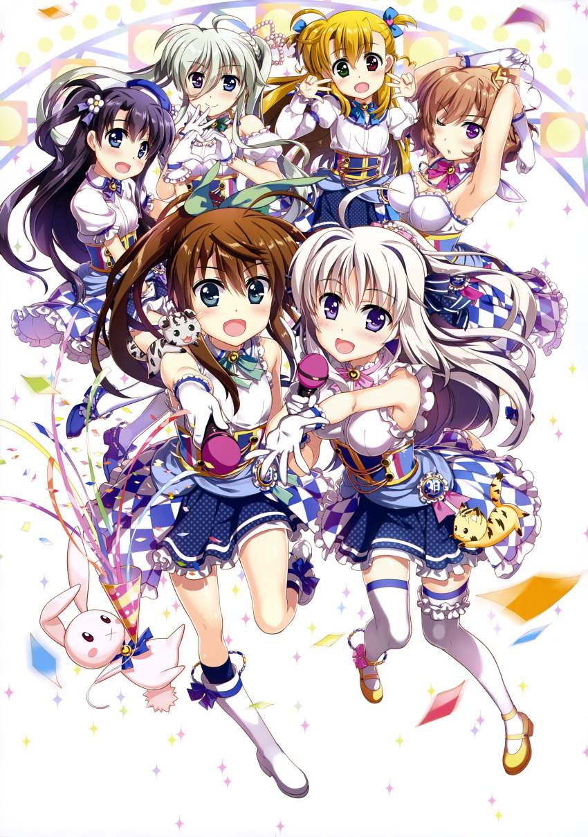 6+girls :d absurdres ahoge arm_strap armpits arms_up black_hair blonde_hair blue_bow blue_eyes blue_legwear blue_skirt blush boots bow bowtie breasts brown_hair choker cleavage crown daisy double_w einhart_stratos floating_hair flower frilled_skirt frills fujima_takuya fuuka_reventon gloves green_bow green_eyes green_ribbon hair_between_eyes hair_bow hair_flower hair_ornament heart heart_hair_ornament heart_hands heterochromia highres holding holding_microphone jill_stola knee_boots kneehighs leg_up long_hair looking_at_viewer lyrical_nanoha mary_janes medium_breasts microphone mini_crown miniskirt multiple_girls neck_ribbon official_art one_eye_closed open_mouth pleated_skirt polka_dot_skirt ponytail red_bow red_eyes ribbon rinne_berlinetta shiny shiny_hair shirt shoes short_hair short_sleeves silver_hair skirt sleeveless smile standing standing_on_one_leg striped thigh-highs thigh_strap twintails very_long_hair violet_eyes vivid_strike! vivio w white_background white_flower white_footwear white_gloves white_shirt yellow_footwear yumina_enclave