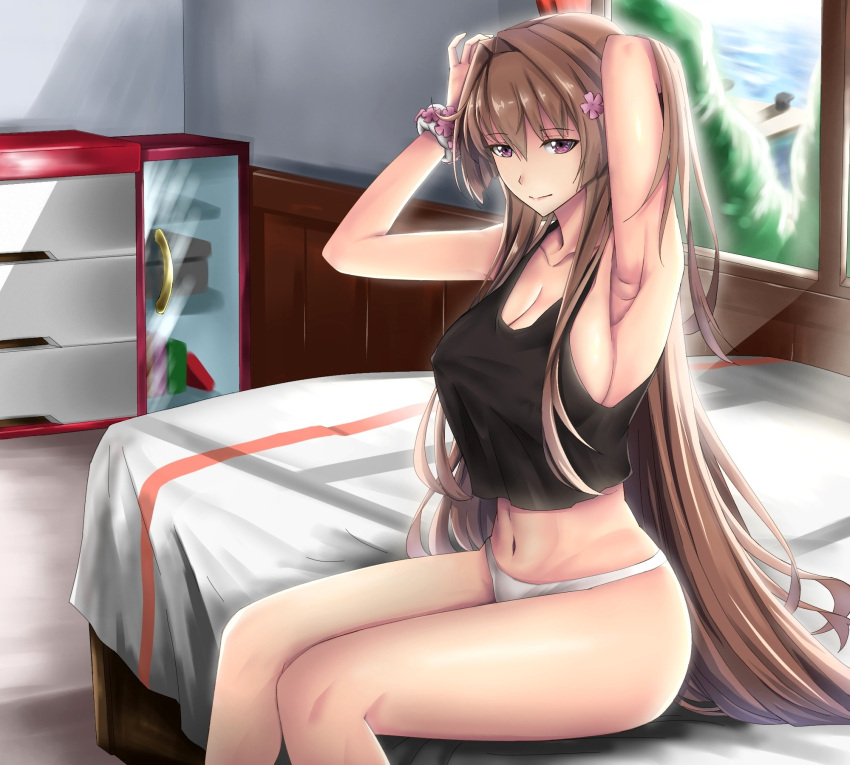 1girl arm_up armpits black_tank_top breasts cleavage collarbone day flower hair_flower hair_intakes hair_ornament highres indoors kantai_collection large_breasts long_hair looking_at_viewer morning navel obei_teitoku ocean on_bed panties ponytail sidelocks singlet sitting solo tying_hair underwear underwear_only very_long_hair violet_eyes white_panties window wristband yamato_(kantai_collection)