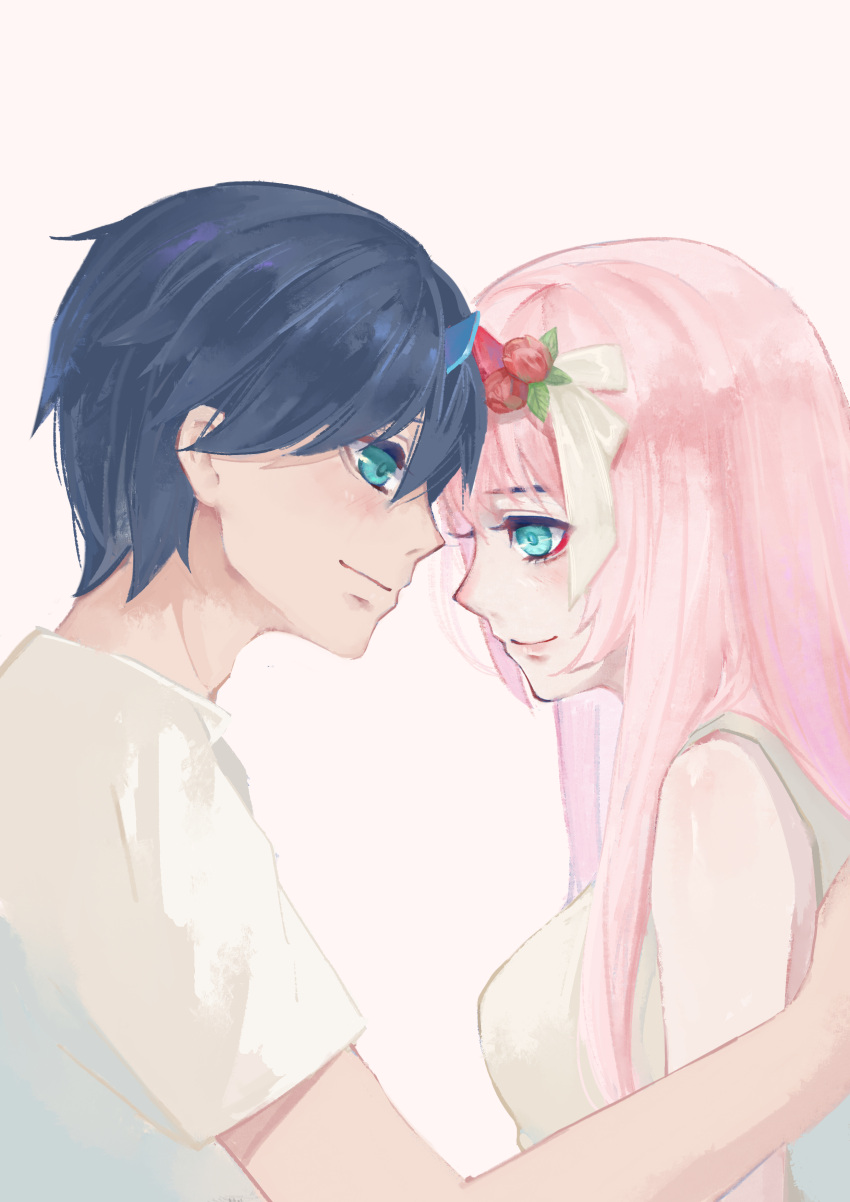 1boy 1girl absurdres bare_shoulders black_hair blue_eyes breasts chu_dengdeng closed_mouth commentary couple darling_in_the_franxx eyeshadow flower forehead-to-forehead fringe from_side green_eyes hair_flower hair_ornament hetero highres hiro_(darling_in_the_franxx) horns large_breasts long_hair looking_at_viewer makeup nightgown oni_horns pink_hair red_horns shirt short_hair sleeveless sleeveless_shirt white_shirt zero_two_(darling_in_the_franxx)