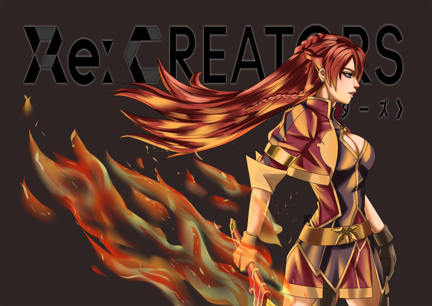 1girl blue_eyes braid breasts cleavage cleavage_cutout earrings fire flaming_sword from_side gloves hair_lift highres holding holding_sword holding_weapon jewelry kouichi09 large_breasts long_hair multicolored_hair open_mouth profile re:creators redhead selesia_upitiria solo sword title twin_braids two-tone_hair weapon