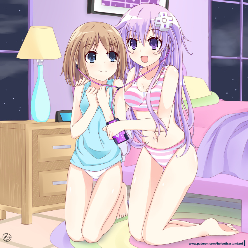 2girls :d absurdres bare_legs bare_shoulders barefoot bed blue_eyes blush bra breasts brown_hair carpet chemise cleavage d-pad d-pad_hair_ornament earphones hair_between_eyes hair_ornament hand_on_another's_shoulder helvetica_5tandard highres indoors kneeling listening_to_music long_hair looking_at_another medium_breasts medium_hair multiple_girls navel nepgear neptune_(series) night night_sky on_floor open_mouth panties purple_hair rom_(choujigen_game_neptune) shared_earphones sky sleepwear small_breasts smile star_(sky) starry_sky striped striped_bra striped_panties thigh_gap underwear violet_eyes white_panties window