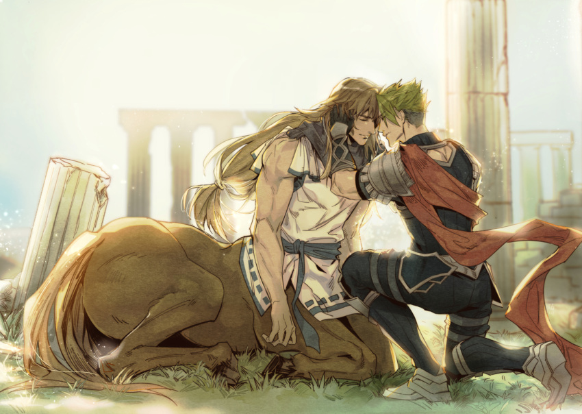2boys achilles_(fate) brown_hair centaur chiron_(fate) closed_eyes fate/apocrypha fate/grand_order fate_(series) full_body gloves grass greek green_hair hermithessa kneeling long_hair low_tied_hair male_focus multiple_boys outdoors pauldrons red_scarf scarf short_hair student-teacher