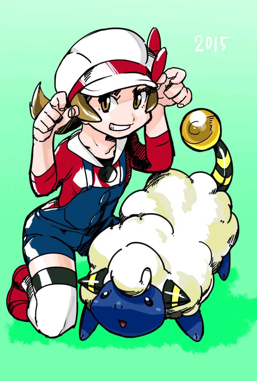 1girl 2015 aqua_background brown_eyes brown_hair cabbie_hat collarbone donnpati fingernails gen_2_pokemon grin hands_up hat highres kneeling kotone_(pokemon) legs_apart overalls pokemon pokemon_(creature) pokemon_(game) pokemon_hgss red_footwear red_shirt shirt shoes short_hair smile teeth thigh-highs twintails white_hat white_legwear zettai_ryouiki