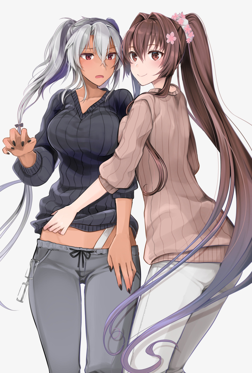 2girls absurdres black_nails blush breasts brown_eyes brown_hair brown_sweater casual closed_mouth dark_skin embarrassed eyewear_removed flower grey_hair grey_pants grey_sweater hair_between_eyes hair_flower hair_intakes hair_ornament highres kantai_collection large_breasts long_hair looking_at_viewer midriff_peek multiple_girls musashi_(kantai_collection) nail_polish open_mouth pants ponytail red_eyes remodel_(kantai_collection) ribbed_sweater sarashi sidelocks simple_background smile standing sweater twintails upper_body very_long_hair white_background white_pants white_scrunchie yamato_(kantai_collection) yunamaro