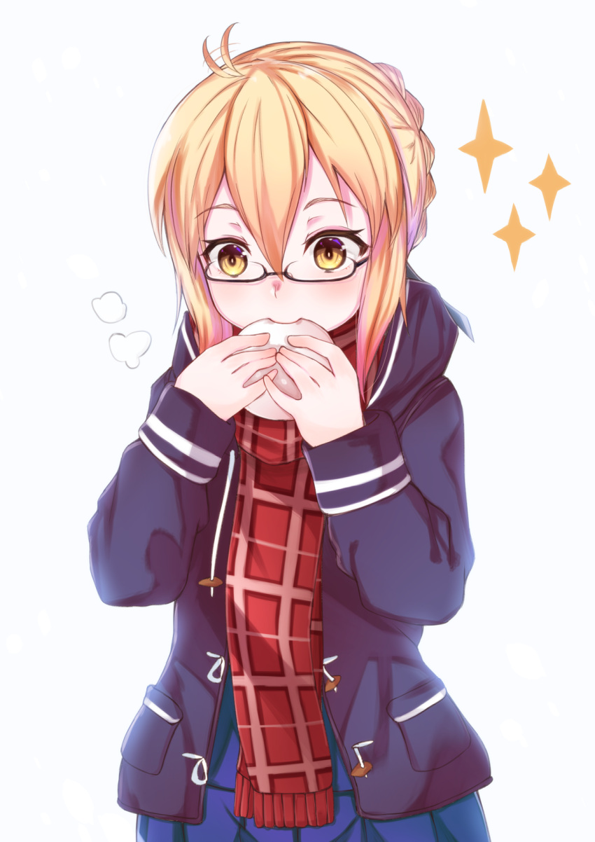 1girl ahoge artoria_pendragon_(all) blonde_hair blue_skirt blush coat eating eyebrows_visible_through_hair fate/grand_order fate_(series) food glasses highres holding holding_food long_sleeves looking_away looking_down mysterious_heroine_x_(alter) red_scarf scarf semi-rimless_eyewear short_hair simple_background skirt solo tapioka_(oekakitapioka) upper_body white_background yellow_eyes