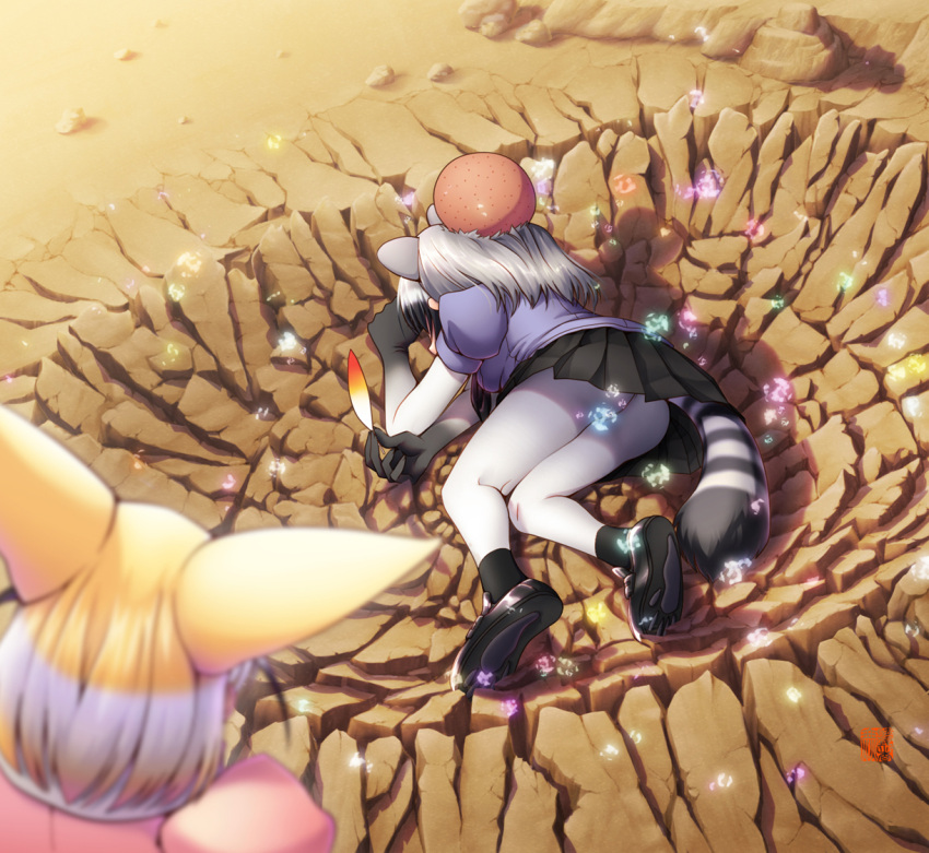 2girls animal_ears ass black_footwear black_hair black_skirt blonde_hair blouse blurry blurry_foreground bodystocking common_raccoon_(kemono_friends) day depth_of_field dragon_ball dragonball_z extra_ears feathers fennec_(kemono_friends) fox_ears grey_hair head_bump holding holding_feather kemono_friends lying muchousha multicolored_hair multiple_girls on_side outdoors parody paw_print puffy_short_sleeves puffy_sleeves raccoon_ears raccoon_tail shoes short_hair short_sleeves skirt soles solo_focus striped_tail tail white_hair yamcha_pose