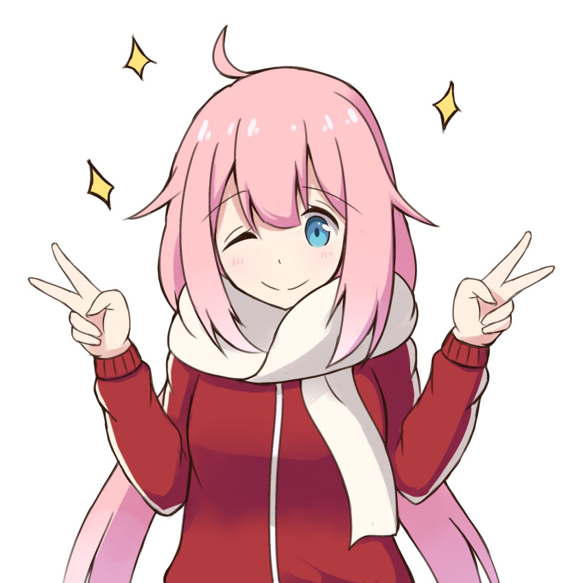 1girl ;) ahoge bangs blue_eyes blush closed_mouth commentary_request double_v eyebrows_visible_through_hair hair_between_eyes hair_flaps hands_up head_tilt highres jacket kagamihara_nadeshiko long_hair long_sleeves looking_at_viewer low_twintails mitiru_ccc2 one_eye_closed pink_hair red_jacket scarf sidelocks simple_background smile solo sparkle track_jacket twintails v very_long_hair white_background white_scarf yurucamp