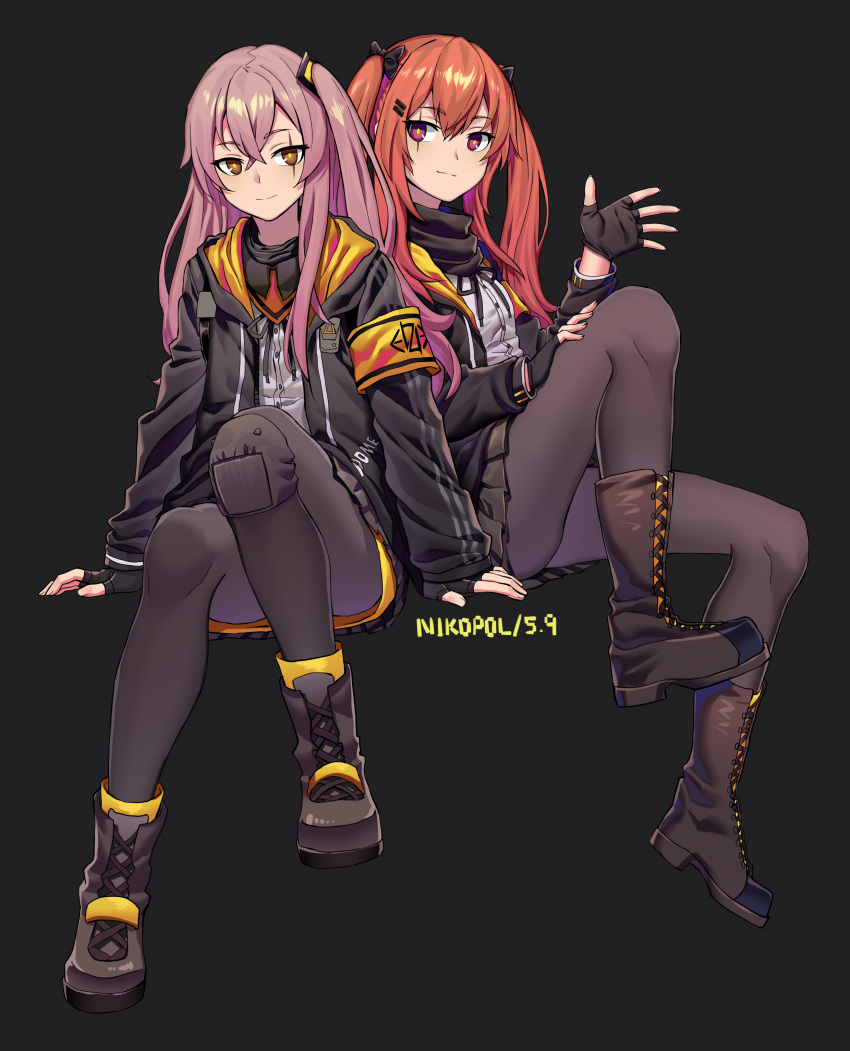2girls absurdres arm_support armband bangs black_bow black_gloves black_jacket black_legwear black_ribbon black_skirt boots bow brown_eyes brown_footwear brown_hair closed_mouth commentary_request cross-laced_footwear dress_shirt eyebrows_visible_through_hair fingerless_gloves girls_frontline gloves hair_between_eyes hair_bow hand_up highres hood hood_down hooded_jacket jacket knee_pads lace-up_boots long_hair long_sleeves looking_at_viewer makise_medaka multiple_girls neck_ribbon one_side_up open_clothes open_jacket pantyhose pleated_skirt ribbon shirt sisters sitting skirt sleeves_past_wrists smile twins ump45_(girls_frontline) ump9_(girls_frontline) very_long_hair violet_eyes white_shirt