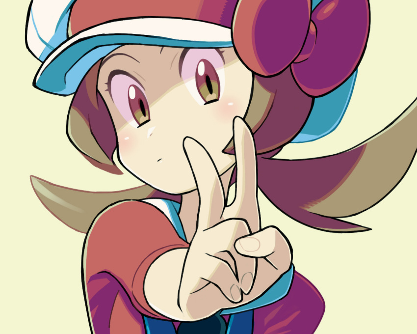 1girl :/ blush bow brown_eyes brown_hair cabbie_hat closed_mouth donnpati eyebrows eyelashes fingernails hat hat_bow kotone_(pokemon) long_hair outstretched_arm pokemon pokemon_(game) pokemon_hgss red_bow simple_background solo twintails upper_body v white_hat yellow_background