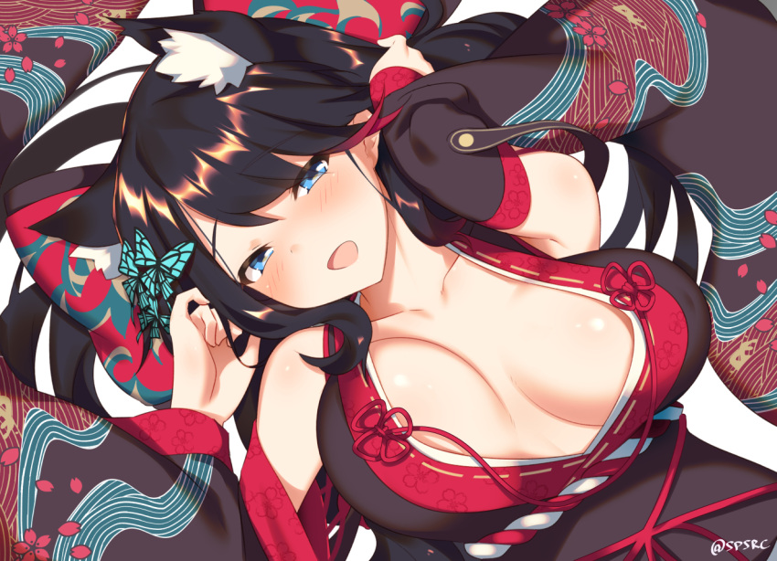 animal_ears azur_lane bangs bare_shoulders black_hair black_kimono blue_eyes blush breasts butterfly_hair_ornament cat_ears cleavage collarbone detached_sleeves eyebrows_visible_through_hair fusou_(azur_lane) hair_between_eyes hair_ornament half-closed_eyes head_tilt japanese_clothes kimono large_breasts long_hair looking_at_viewer lying multicolored_hair no_bra on_back open_mouth redhead sidelocks smile streaked_hair takashiru upper_body wide_sleeves