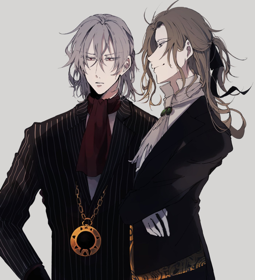 2boys antonio_salieri_(fate/grand_order) black_ribbon blonde_hair fate/grand_order fate_(series) formal gem gloves grey_hair hair_between_eyes hair_ribbon highres jewelry light_brown_hair long_hair long_sleeves multiple_boys necklace parted_lips pinstripe_suit red_eyes red_scarf ribbon scarf shirt silver_hair smile standing striped suit upper_body white_background white_gloves white_shirt wolfgang_amadeus_mozart_(fate/grand_order)