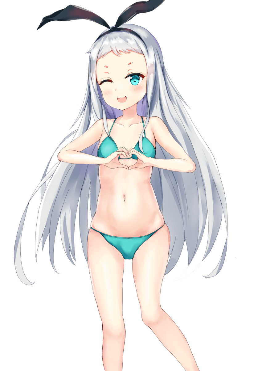 1boy :3 aqua_eyes bikini blend_s blush green_bikini hair_bow heart heart_sign kanzaki_hideri long_hair one_eye_closed sakura_(pixiv_id_25679574) solo trap white_hair wink