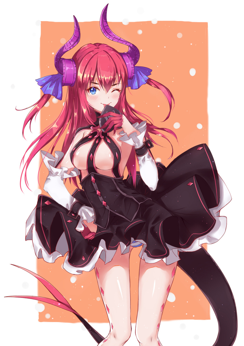 1girl alternate_breast_size asymmetrical_horns blue_eyes blush breasts curled_horns detached_sleeves dragon_girl dragon_horns dragon_tail dress elizabeth_bathory_(fate) elizabeth_bathory_(fate)_(all) eyebrows_visible_through_hair fate/grand_order fate_(series) hair_between_eyes hair_ribbon hand_on_hip highres horizontal-striped_panties horns licking long_hair long_sleeves medium_breasts one_eye_closed open_mouth panties pantyshot purple_ribbon redhead ribbon sleeveless sleeveless_dress solo tail tenmoon two_side_up underwear
