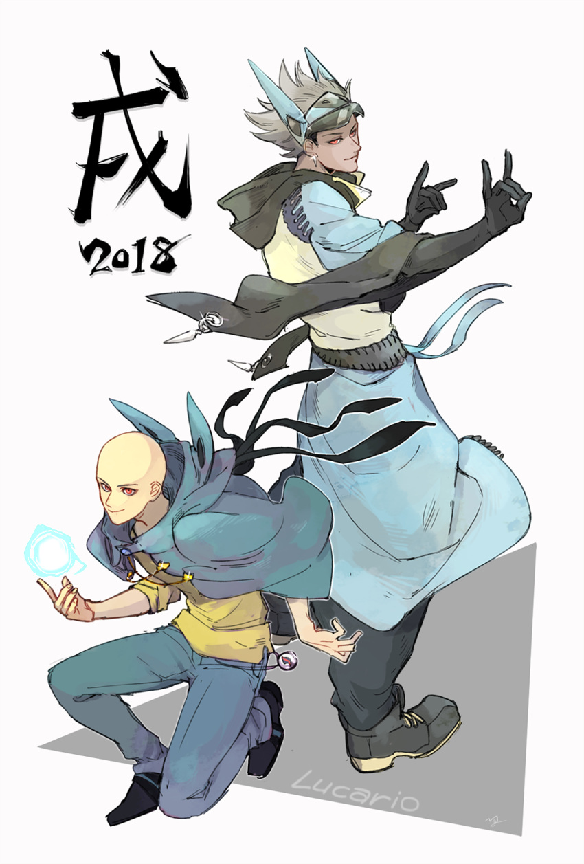 2018 2boys animal_hood baggy_pants bald black_gloves blue_cape blue_pants blue_skirt cape character_name dark_skin dark_skinned_male earrings elbow_gloves gloves grey_hair headgear highres hood hood_down hooded_cape jewelry looking_at_viewer lucario male_focus multiple_boys ngr_(nnn204204) pants personification pokemon pose red_eyes simple_background skirt smile standing wide_sleeves