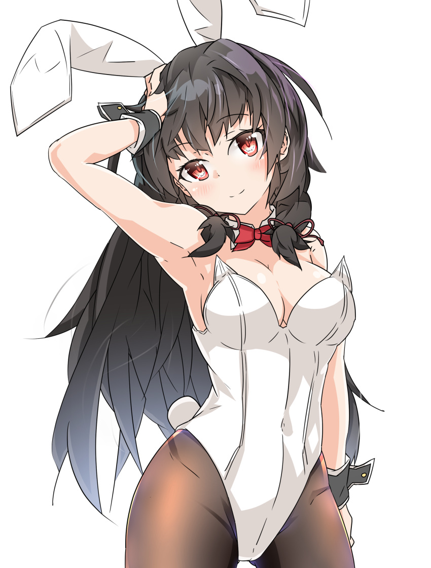1girl absurdres alternate_costume animal_ears armpits ass_visible_through_thighs black_hair blush bow bowtie breasts bunny_tail bunnysuit commentary_request covered_navel detached_collar fake_animal_ears hair_ribbon hand_on_own_head harukawa_(hal501) highres isokaze_(kantai_collection) kantai_collection long_hair looking_at_viewer medium_breasts pantyhose rabbit_ears red_eyes ribbon simple_background smile solo tail tress_ribbon white_background wrist_cuffs