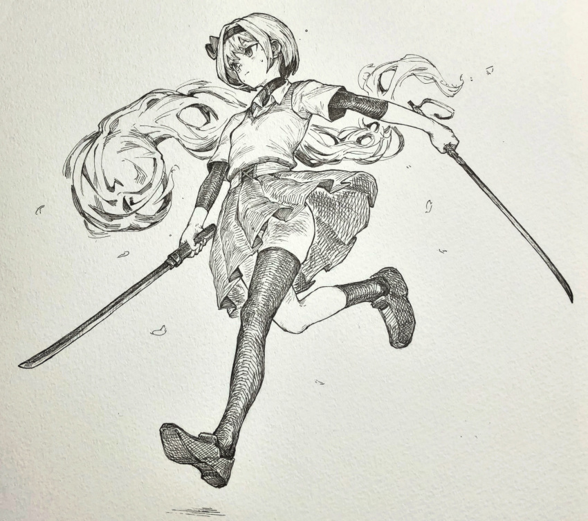 1girl absurdres asymmetrical_legwear bangs bow closed_mouth commentary_request dual_wielding full_body greyscale hair_bow highres holding holding_sword holding_weapon konpaku_youmu konpaku_youmu_(ghost) loafers mashimashi monochrome pleated_skirt running shoes short_hair short_sleeves single_sock single_thighhigh skirt socks solo sweat sword thigh-highs touhou traditional_media weapon