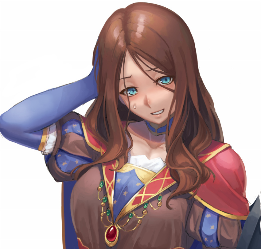 1girl blue_eyes blue_gloves blush brown_hair cape elbow_gloves fate/grand_order fate_(series) gem gloves grin hand_on_own_head head_tilt highres leonardo_da_vinci_(fate/grand_order) long_hair looking_at_viewer nervous_smile nose_blush puffy_short_sleeves puffy_sleeves ranma_(kamenrideroz) short_sleeves smile solo upper_body white_background