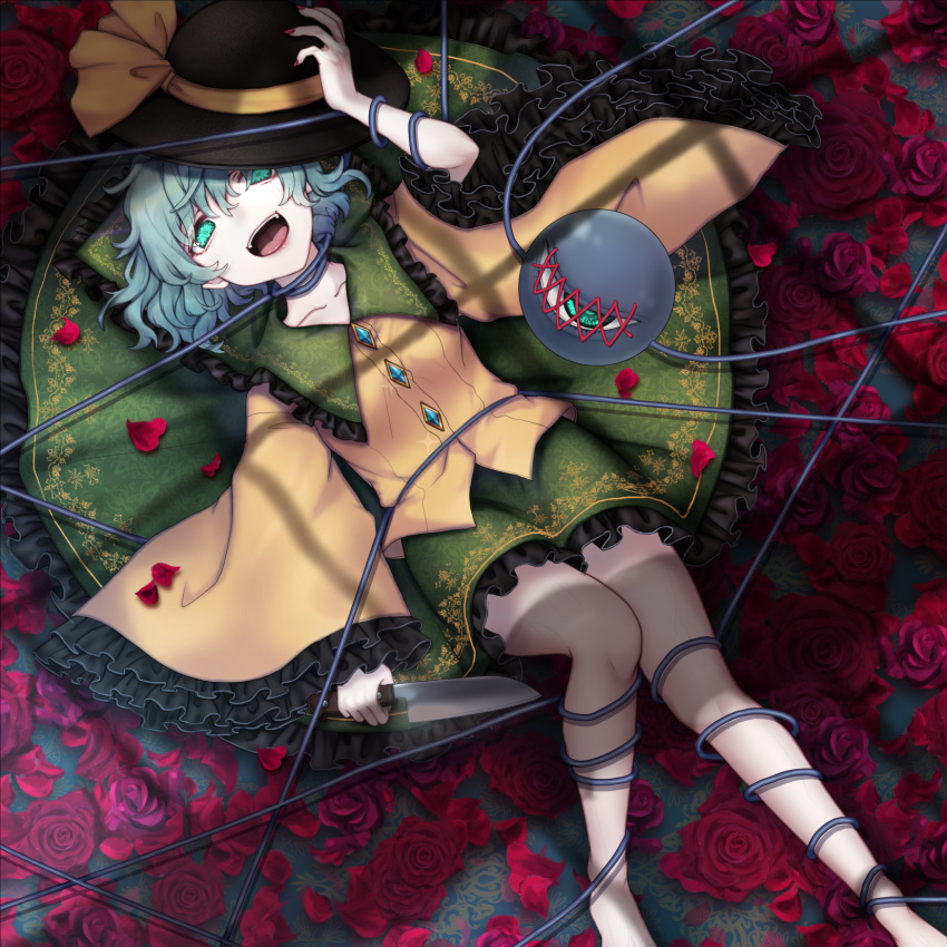 13_(spice!!) 1girl aqua_hair black_hat collarbone eyeball flower frilled_shirt_collar frilled_skirt frilled_sleeves frills green_eyes green_skirt hair_between_eyes hat hat_ribbon highres holding holding_knife knife komeiji_koishi long_sleeves open_mouth petals red_flower red_rose ribbon rose rose_petals shirt short_hair skirt smile solo third_eye touhou wide_sleeves yellow_ribbon yellow_shirt