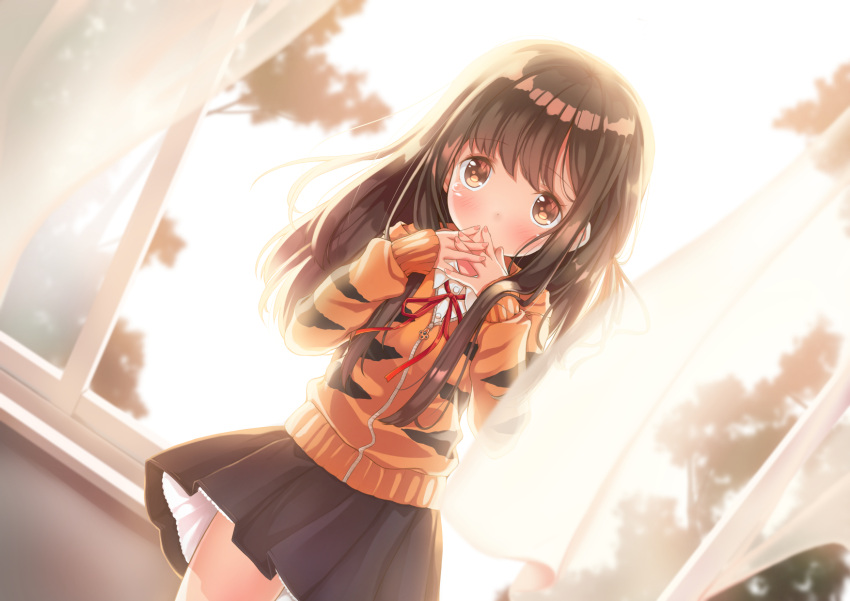 1girl animal_print black_skirt brown_eyes brown_hair covering_mouth curtains hand_to_own_mouth highres ifnil jacket long_hair original school_uniform shirt skirt solo tears tiger_print tree white_shirt wind wind_lift window zipper