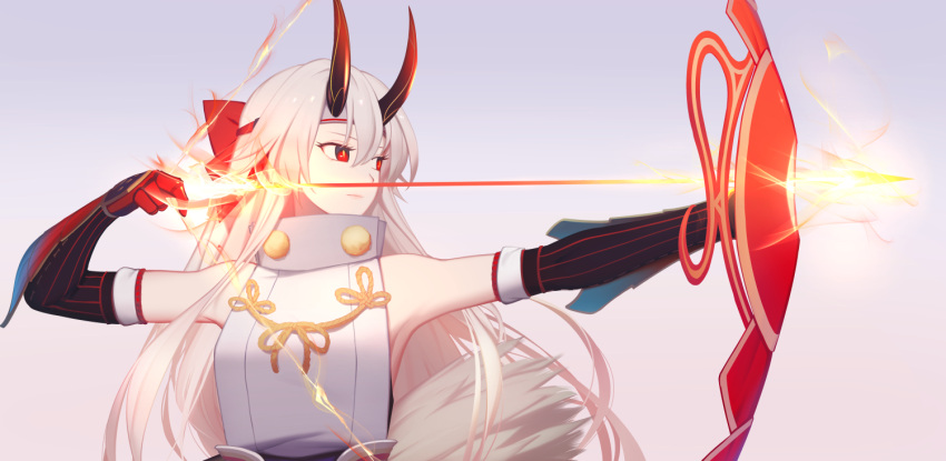 1girl arrow blush bow_(weapon) breasts closed_mouth fate/grand_order fate_(series) grey_hair holding holding_arrow holding_bow_(weapon) holding_weapon horns large_breasts long_hair looking_away pisu pixiv_fate/grand_order_contest_2 red_eyes solo tomoe_gozen_(fate/grand_order) upper_body very_long_hair weapon