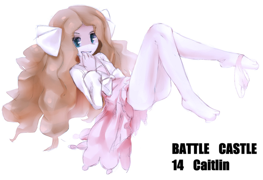 1girl bangs blue_eyes cattleya_(pokemon) character_name dress eyebrows full_body grin hair_ribbon hand_to_own_mouth jacket knees_together_feet_apart light_brown_hair long_hair long_sleeves nyonn24 panties panties_around_leg pantyhose parted_bangs pink_dress pokemon pokemon_(game) pokemon_dppt ribbon simple_background smile solo text_focus underwear very_long_hair white_background white_jacket white_legwear white_panties white_ribbon