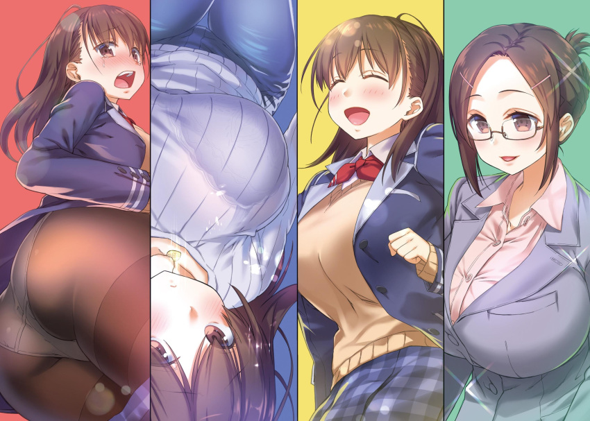 4girls :d ahoge ass back bangs black_jacket blazer blue_pants blush bow bowtie bra breasts brown-framed_eyewear brown_eyes brown_hair choppiri_toshiue_demo_kanojo_ni_shite_kuremasu_ka?_~suki_ni_natta_jk_wa_27_deshita~ clenched_hand closed_eyes closed_mouth collarbone collared_shirt cowboy_shot denim dress_shirt eyebrows_visible_through_hair eyelashes folded_ponytail from_behind glasses glint hair_between_eyes hair_ornament hairclip hand_up highres huge_breasts jacket jeans jewelry lace lace_bra large_breasts long_hair long_sleeves looking_at_viewer looking_back miniskirt multiple_girls nanase_meruchi necklace open_clothes open_jacket open_mouth panties panties_under_pantyhose pants pantyhose parted_bangs plaid plaid_skirt red_neckwear ribbed_sweater school_uniform see-through semi-rimless_eyewear shirt skirt skirt_lift smile standing sweater tearing_up tears teeth thigh_gap thighband_pantyhose tongue under-rim_eyewear underwear upper_teeth upside-down white_bra white_panties white_shirt