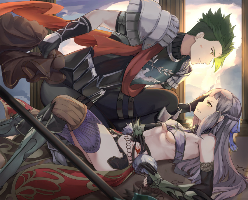 1boy 1girl achilles_(fate) after_battle armor blood boots braid breasts claws elbow_gloves fate/grand_order fate_(series) fingerless_gloves gloves green_hair grey_hair hand_on_another's_face highres injury kneeling long_hair lying mosta_(lo1777789) on_back pauldrons penthesilea_(fate/grand_order) red_scarf scarf short_hair sidelocks small_breasts thigh-highs weapon yellow_eyes