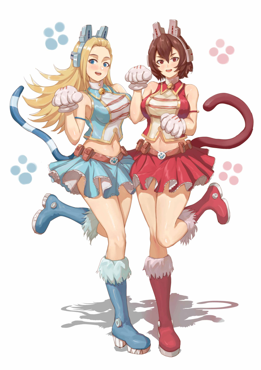 2girls :d absurdres animal_ears belt blonde_hair blue_eyes blush boku_no_hero_academia boots breasts brown_eyes cat_ears cat_tail fake_animal_ears frilled_skirt frills full_body gloves headphones high_heel_boots high_heels highres large_breasts long_hair midriff multiple_girls navel one_leg_raised open_mouth paw_gloves paw_pose paws shadow short_hair simple_background skirt smile sousaki_shino tail tsuchikawa_ryuuko user_10841 whisker_markings white_background