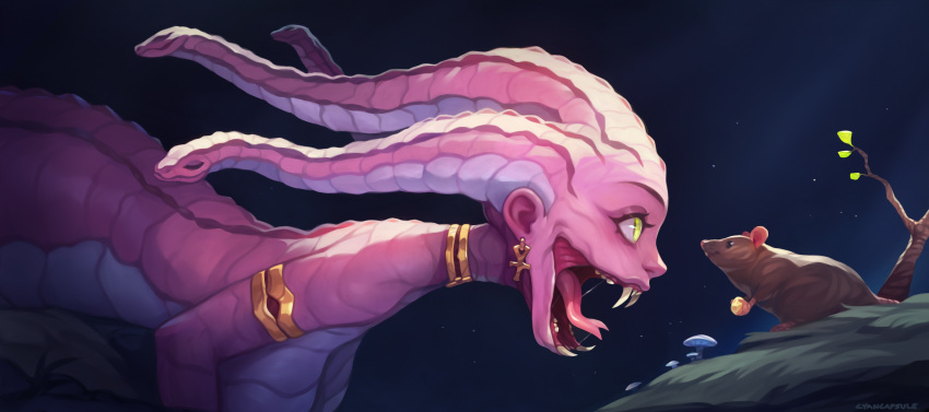 1girl absurdres ankh armlet bent_over breasts cyancapsule earrings fangs forked_tongue gorgon green_eyes highres huge_filesize jewelry long_hair monster_girl mouse neck_ring nude open_mouth original pink_hair pink_skin scales sharp_teeth snake_hair solo_focus teeth tongue