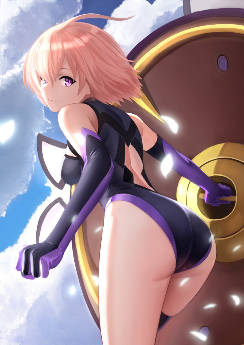 1girl ahoge ass back_cutout bare_shoulders clouds elbow_gloves fate/grand_order fate_(series) from_behind gloves hair_over_one_eye highres leotard looking_back mash_kyrielight outdoors pink_hair shield short_hair sky smile solo standing violet_eyes yamaneko_(tkdrumsco)