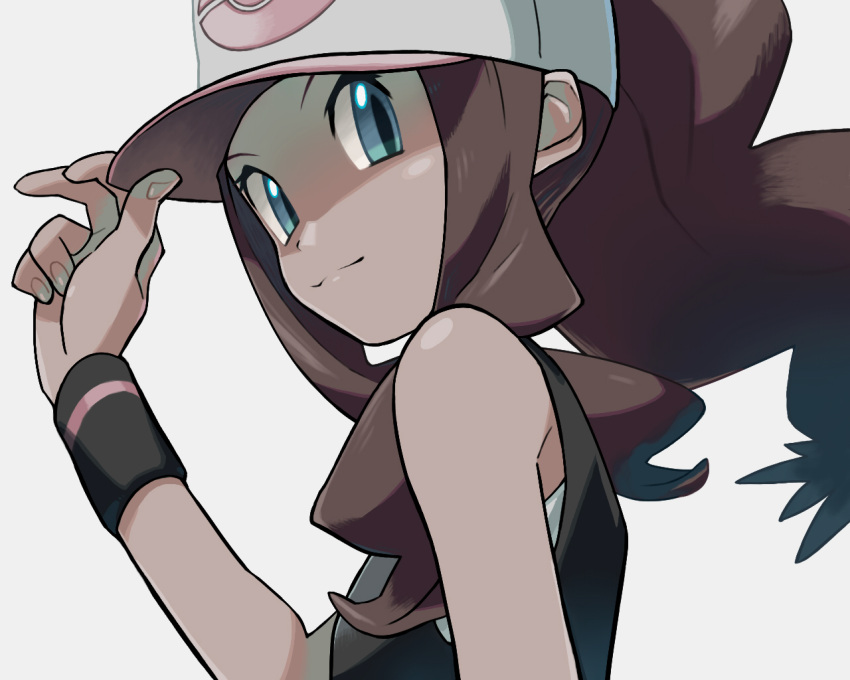 1girl adjusting_clothes adjusting_hat bare_shoulders baseball_cap black_vest blue_eyes brown_hair closed_mouth donnpati eyebrows eyelashes fingernails from_side hair_over_shoulder hand_up hat high_ponytail long_hair looking_at_viewer palms poke_ball_theme pokemon pokemon_(game) pokemon_bw sidelocks smile solo touko_(pokemon) vest white_hat