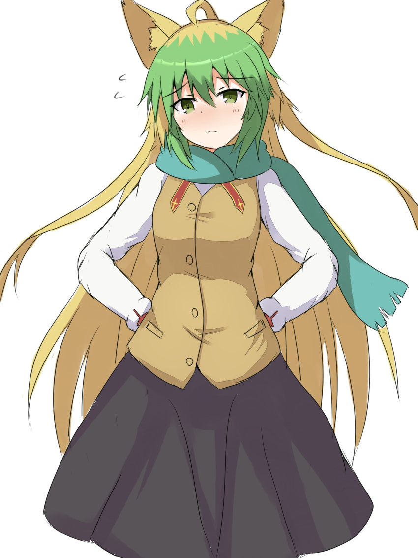 absurdres ahoge animal_ears atalanta_(fate) bangs black_skirt blonde_hair blush breasts brown_vest cat_ears closed_mouth cosplay eyebrows_visible_through_hair fate/apocrypha fate/stay_night fate_(series) flying_sweatdrops fringe green_eyes green_hair green_scarf hair_between_eyes hands_on_hips head_tilt highres homurahara_academy_uniform long_hair long_sleeves looking_at_viewer matou_sakura matou_sakura_(cosplay) medium_breasts mitiru_ccc2 multicolored_hair pleated_skirt scarf school_uniform shirt simple_background skirt two-tone_hair very_long_hair vest white_background white_shirt