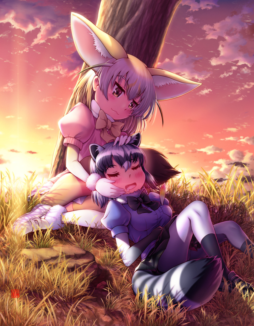 2girls :3 animal_ears backlighting bangs black_hair black_neckwear black_skirt blonde_hair blouse blush bodystocking bow bowtie breast_pocket closed_eyes closed_mouth common_raccoon_(kemono_friends) drooling extra_ears eyebrows_visible_through_hair fang feathers fennec_(kemono_friends) fox_ears fox_tail full_body fur_collar gloves grass grey_hair hair_between_eyes hand_on_another's_head hand_on_own_cheek highres kemono_friends knees_up lap_pillow lens_flare looking_at_another lying medium_hair muchousha multicolored_hair multiple_girls on_back open_mouth outdoors pink_sweater pocket puffy_short_sleeves puffy_sleeves raccoon_ears raccoon_tail short_hair short_sleeves sitting skirt sky sleeping smile striped_tail sunset sweater tail thigh-highs tree tsurime two-tone_hair white_hair white_skirt yellow_neckwear