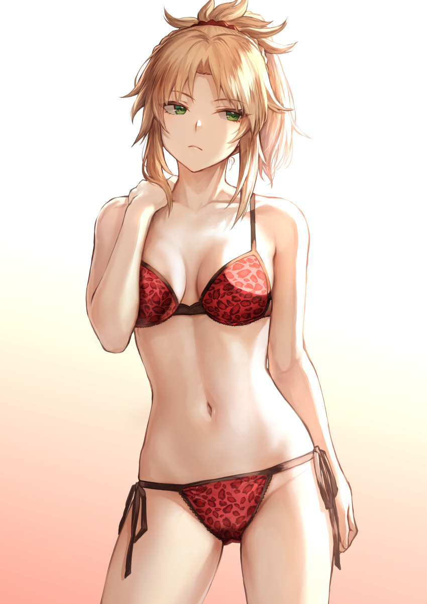 1girl absurdres animal_print arm_at_side blonde_hair bra braid breasts closed_mouth collarbone contrapposto cowboy_shot crown_braid eyebrows_visible_through_hair fate/grand_order fate_(series) gradient gradient_background green_eyes hand_up highres leopard_print looking_away mashu_003 medium_breasts mordred_(fate)_(all) navel panties ponytail print_bra print_panties red_bra red_panties side-tie_panties sidelocks simple_background solo underwear