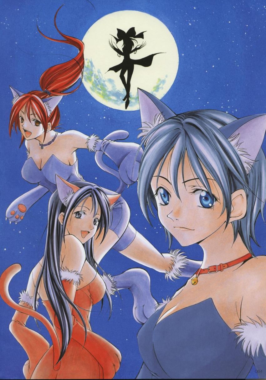 4girls :d absurdres animal_costume animal_ears bangs bell bell_collar black_hair blue_eyes blue_footwear blue_gloves blue_hair blue_shorts blue_sky breasts brown_hair cat_costume cat_ears cat_tail cleavage collar collarbone detached_sleeves elbow_gloves floating_hair full_moon fur_trim gloves hair_between_eyes highres large_breasts long_hair looking_at_viewer looking_back medium_breasts moon multiple_girls night open_mouth orange_gloves outdoors paw_gloves paw_shoes paws ponytail redhead scan seo_kouji shoes short_hair short_shorts shorts sideboob sky smile star_(sky) starry_sky strapless suzuka tail