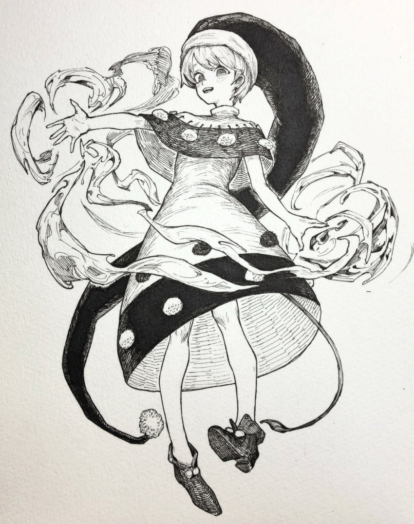 1girl absurdres bangs blush capelet doremy_sweet dress full_body hat highres looking_at_viewer mashimashi monochrome nightcap open_mouth pom_pom_(clothes) shoes short_hair solo tail tapir_tail touhou traditional_media