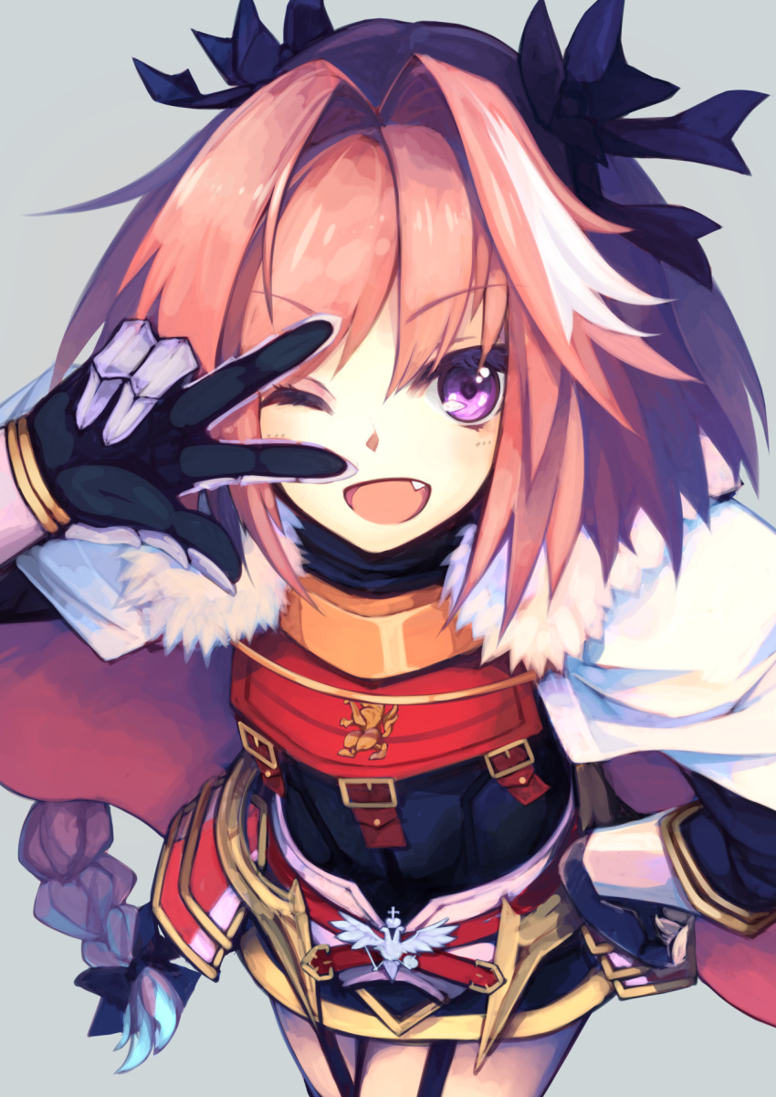 1boy :d androgynous astolfo_(fate) black_bow bow braid dress eyebrows_visible_through_hair fang fate/apocrypha fate_(series) garter_straps grey_background hair_between_eyes hair_bow hand_on_hip highres long_hair open_mouth otogi_kyouka otoko_no_ko pink_hair ponytail short_dress simple_background single_braid smile solo very_long_hair violet_eyes w