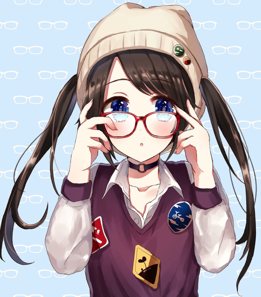 1girl artist_request baseball_cap black_hair blue_eyes commentary_request eyebrows_visible_through_hair glasses hat highres idolmaster idolmaster_shiny_colors jacket long_hair looking_at_viewer mitsumine_yuika red-framed_eyewear shirt sketch solo twintails