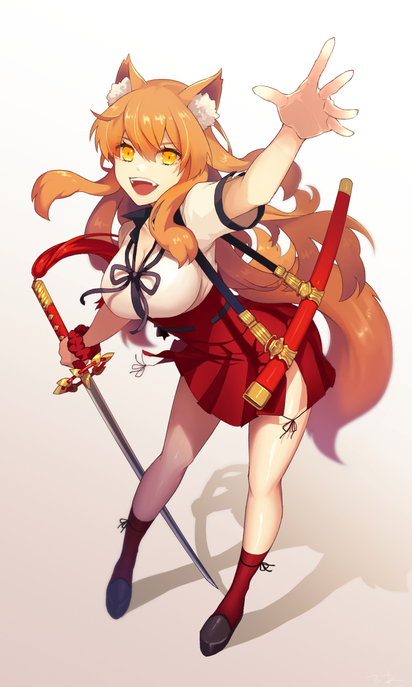 1girl animal_ears breasts brown_hair eyebrows_visible_through_hair fate/grand_order fate_(series) fox_ears fox_tail full_body hair_between_eyes high-waist_skirt highres holding holding_sword holding_weapon large_breasts long_hair looking_at_viewer red_legwear red_scrunchie red_skirt scrunchie shirt shoes skirt smile solo suzuka_gozen_(fate) sword tail tia_(cocorosso) weapon wrist_scrunchie yellow_eyes
