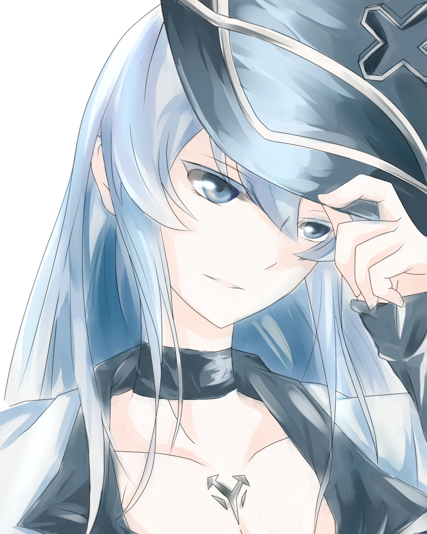 1girl adjusting_clothes adjusting_hat akame_ga_kill! blue blue_eyes blue_hair breasts choker cleavage collarbone colored_eyelashes esdeath hand_on_headwear hat highres holding holding_hat large_breasts long_hair looking_down military military_uniform pale_color peaked_cap solo tattoo uniform vicarrrrr