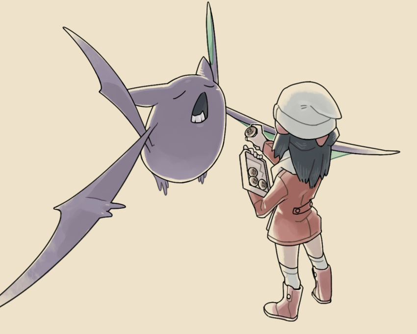 1girl boots coat crobat donnpati feeding food from_behind full_body gen_2_pokemon hair_ornament hat hikari_(pokemon) holding holding_food kneehighs legs_apart long_hair long_sleeves open_mouth pink_coat pink_footwear pokemon pokemon_(game) pokemon_dppt scarf simple_background standing straight_hair white_hat white_legwear white_scarf