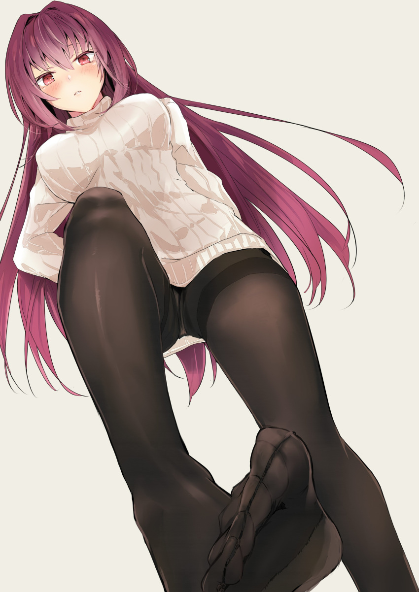 1girl absurdres bangs black_legwear blush breasts brown_background commentary_request dutch_angle eyebrows_visible_through_hair fate/grand_order fate_(series) feet hair_between_eyes highres large_breasts long_hair looking_at_viewer no_pants no_shoes panties panties_under_pantyhose pantyhose parted_lips purple_hair red_eyes ribbed_sweater scathach_(fate/grand_order) simple_background solo standing standing_on_one_leg sweater thighband_pantyhose toes tomozero turtleneck turtleneck_sweater underwear very_long_hair white_sweater